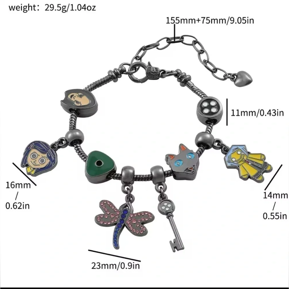 Black Rhodium Gold Coraline Inspired Themed Loaded Enamel Charm Bracelet Design